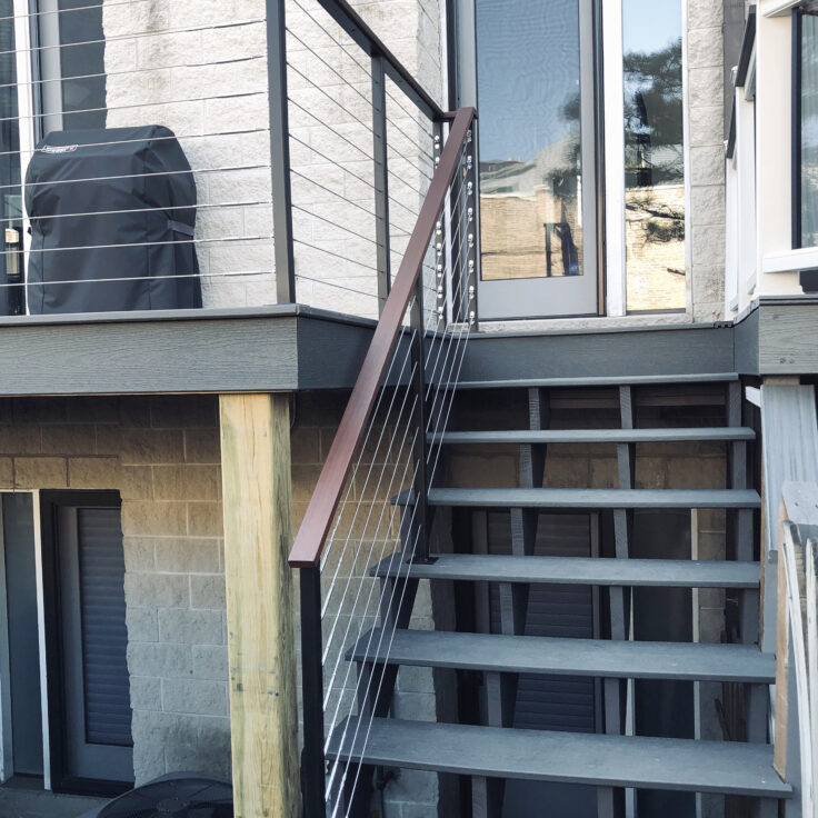 Custom wrought iron & wood & cable railings modern painted satin black outside stairs