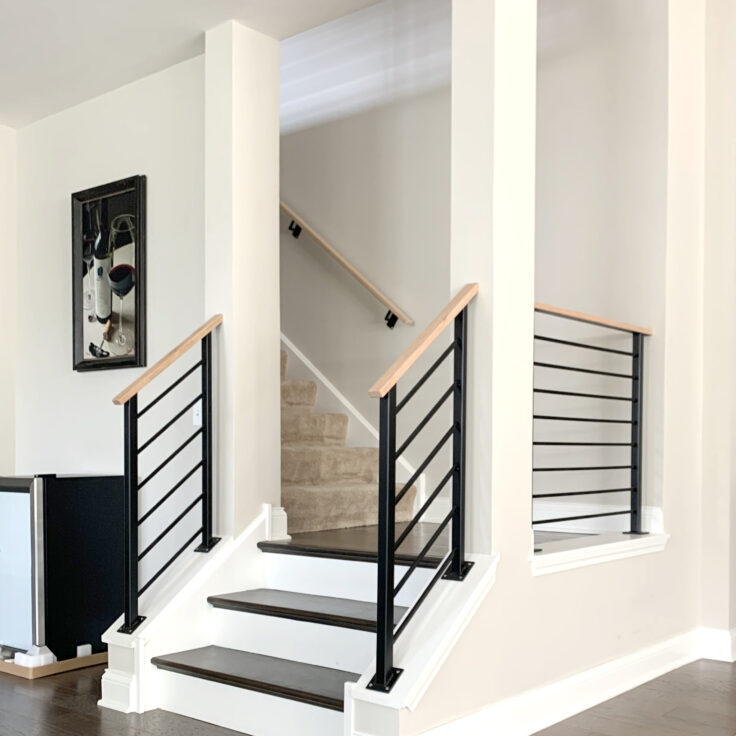 Custom wrought iron & wood railings urban modern painted satin black full view
